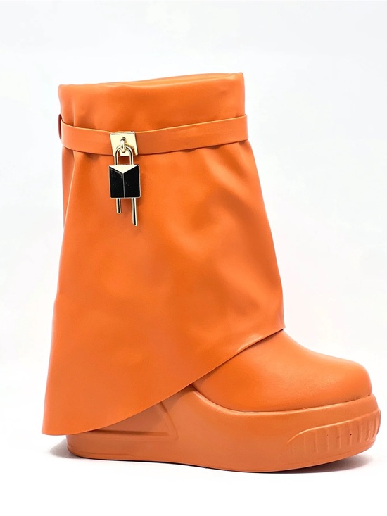 Hot Miami Styles Shoes - Hot Miami Styles Orange Platform Ankle Boot with Gold Lock Accent